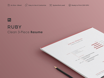 RUBY - Resume Template 3-piece career clean cover creative curriculum cv letter minimal professional resume vitae