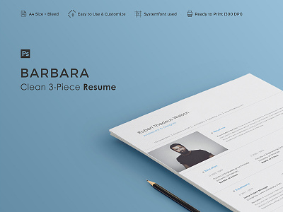BARBARA - Resume Template 3-piece career clean cover creative curriculum cv letter minimal professional resume vitae