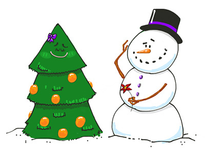 Three cartoon christmas drawing illustration snowman tree