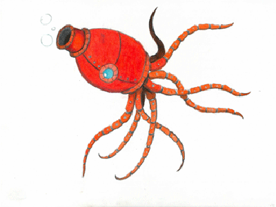 Squid colored pencil illustration mechanical robot squid zoo