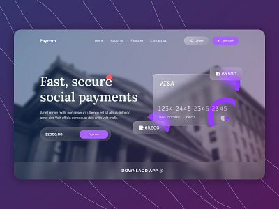 Payment site hero banner with glass effect