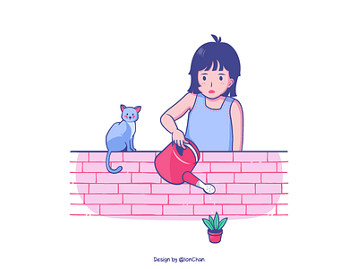 Watering cat flower girl illustrations pink plant sprinkler wall water watering