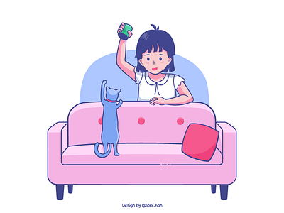 Catch your cans can cans cat catch cute girl illustrations pink sofa