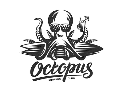 Octopus animal branding club design illustration lettering logo octopus sport summer surf surf board surfing vector