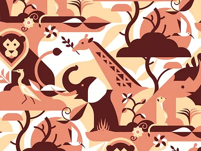 African Savanna Animals Pattern africa animal bird elephant flat flat design geometric giraffe illustration lion meerkat pattern rhino rhinoceros savanna seamless vector