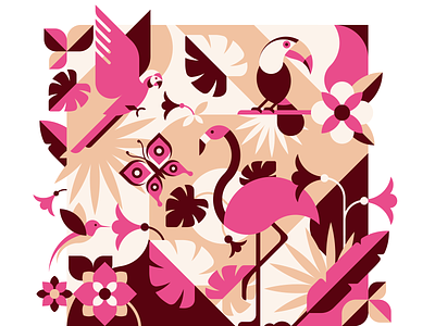 Tropical flower and bird geometric flat illustration