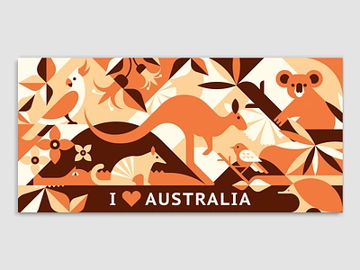 Souvenir Postcard Design "I LOVE AUSTRALIA" alligator animal australia birds cockatoo crocodile design echidna flat flowers geometric illustration kangaroo koala leaves numbat parrot plants vector