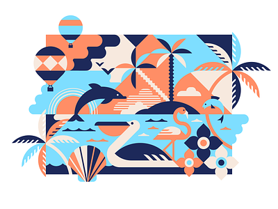 Tropical Sea animals balloon birds dolphin fish flamingo geometric illustration islands ocean palm paradise pelican sea seashell summer travel tropic vacation vector