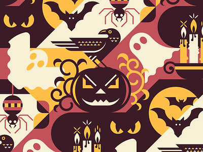Halloween Seamless Pattern autumn bat candle flat geometric ghost halloween holiday horror pattern pumpkin raven seamless spider vector