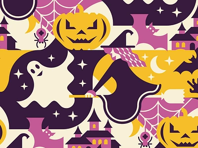 Halloween Seamless Pattern bat castle flat geometric ghost halloween holiday horror night pumpkin spider vector web witch zombie arm