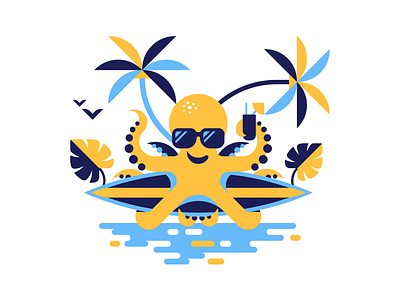 Octopus Chill Surfing Illustration animal chill coctaile drink flat geometric glasses illustration journey ocean octopus palm paradise recreation relax sea summer surfing travel vector