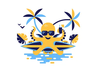 Octopus Chill Surfing Illustration animal chill coctaile drink flat geometric glasses illustration journey ocean octopus palm paradise recreation relax sea summer surfing travel vector