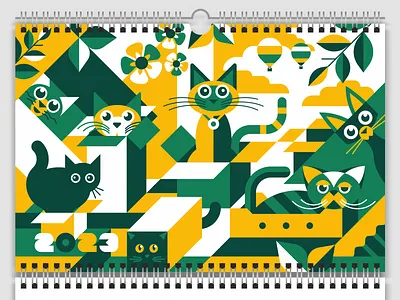 Wall Calendar Cover animal boxes calendar cardboard cat cats cover flat geometric illustration kitten kitty leaves packaging paper vector wall