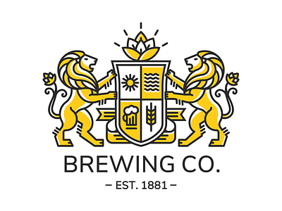 Lions brewing emblem beer heraldry hop line lion shield sun wheat