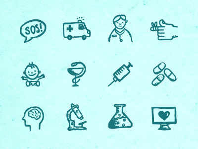 Hand-drawn Medical Icons anatomy body doctor doodle hatchers health hospital icons ink medicine pen pills sketch