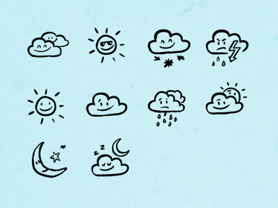 Hand-drawn Weather Icons black character cloud hand drawn hatchers icons ink pen sketch smile sun weather