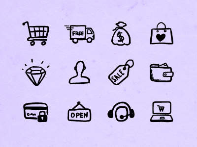 Hand-drawn Shopping Icons black cart commerce gui hand drawn hatchers icons ink money pen sell shop shopping sketch uix web