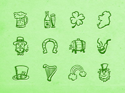 Hand-drawn St. Patrick's Day Icons beer black clover doodle drink fun glass green hatchers holiday icons ink ireland irish luck lucky party patrick pen sketch st. partick day