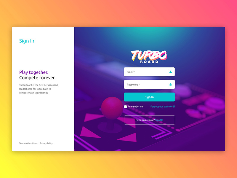 Turbo Board Sign In Screen login sign in leaderboard video game ui