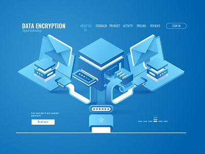 Data encryption. Isometric 3d computer email encryption factory isometric laptop page technology ui ux web