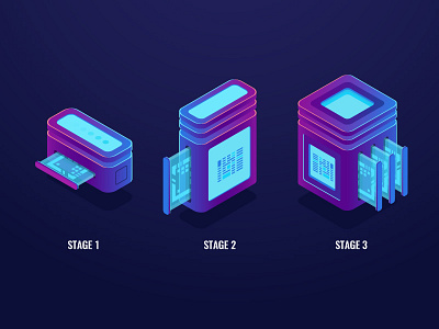 Stage of upgrade 3d art blue computer device electronic illustration isometric pink stage technology