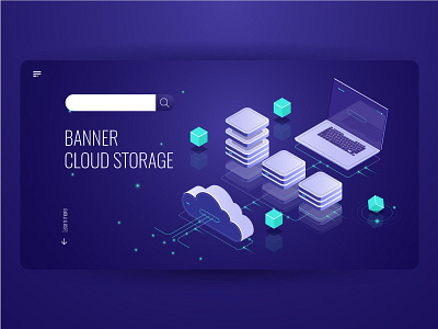 Cloud server banner cloud computer data digital electronic illustration isometric laptop techno ux