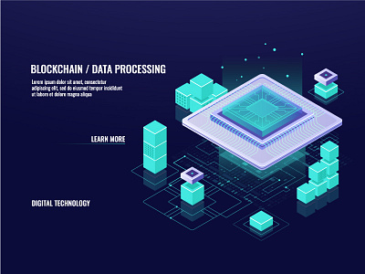 Data processing 3d banner computer data digital electronic gradient illustrator isometric neon server technology vector