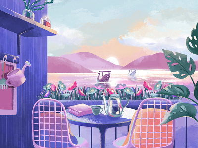 Sweet balcony balcony decorative flowers girl illustrator lagoon lake plant procreate swamp swan sweet terrace