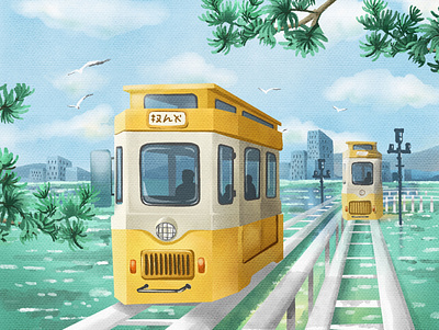 Haeundea,Busan busan haeundae beach illustraion illustrator railway train watercolour