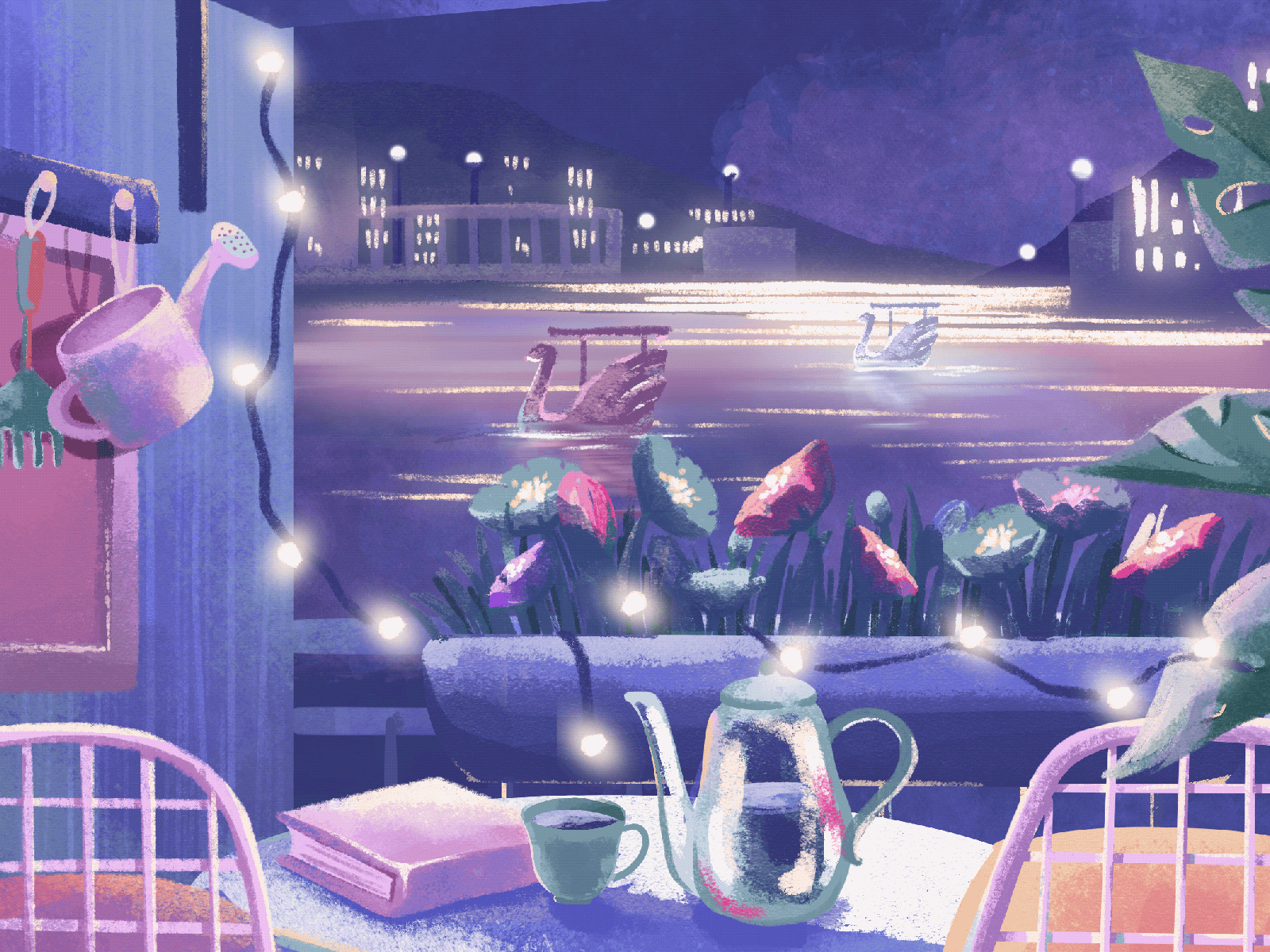Night balcony balcony illustraion illustrator lagoon lake light night night balcony nightmood pink procreate swan sweet violet