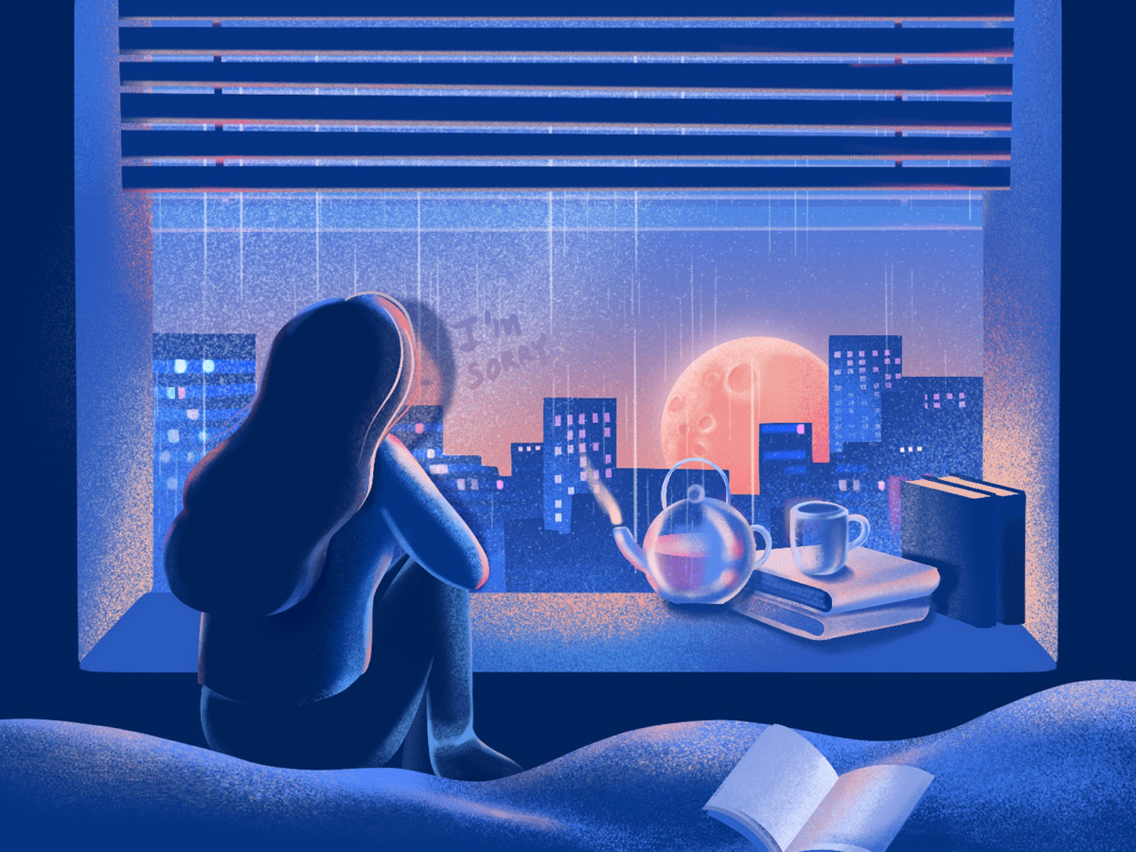 blue night blue feeling girl illustraion illustrator lonly moon moonlight night nightmood procreate rain room sad window