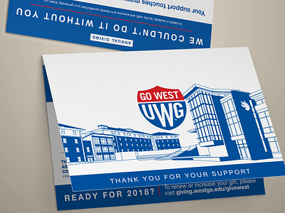 Let's get this bread annual giving blue buildings card flame fundraising go west illustration monochrome print design red white and blue shield two color university of west georgia uwg wolves