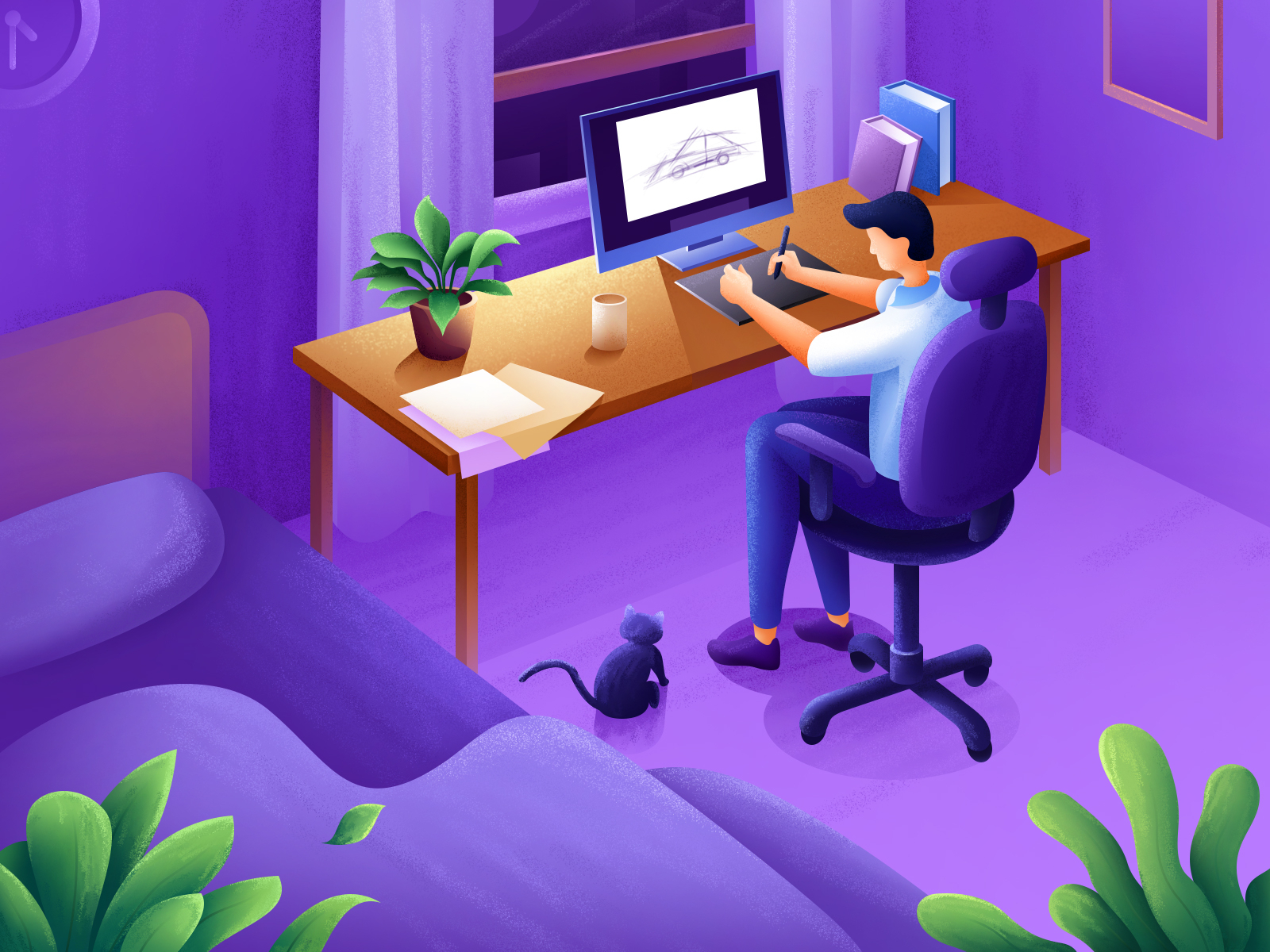 Working overtime at home art illustration