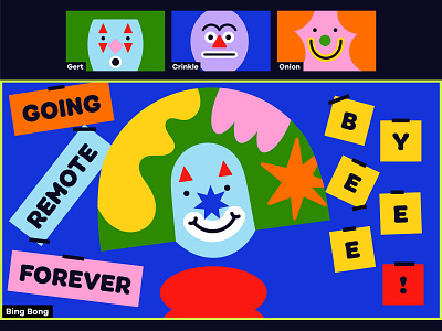 Overtime: Going Remote Forever, Byeee! clean clown fun geometric illustration podcast art shapes simple zoom
