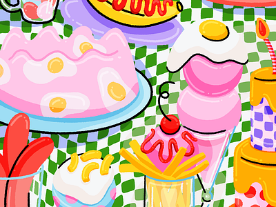 Feast illustration banana checker dinner eggs food fries hot dog ice cream illustration jello ketchup meal still life warp