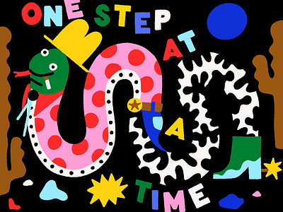 One Step At A Time bright colorful cowboy desert goofy illustration snake