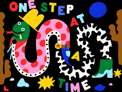 One Step At A Time bright colorful cowboy desert goofy illustration snake