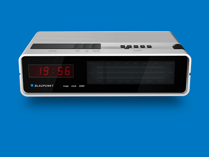 Blaupunkt mega clock 2000 1976 2d 70s alarm blau blaupunkt blue clock ddr design designcraft.hu german illustration illustrator old plastic product radio vector vintage white