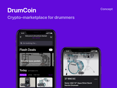 Concept of crypto-marketplace for drummers app interface ui ux
