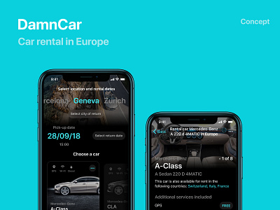 Concept of Car rental service in Europe app interface ui ux