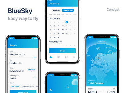 Concept of BlueSky. Easy way to fly app interface ui ux