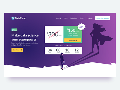 Superhero Theme conversion datacamp datascience gradient graphicdesign header illustration landingpage promotion superhero ui