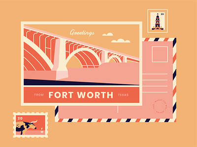 Fort Worth Postcard bridge city cow flat fort worth illustration illustration design mail pink postcard stationary vector