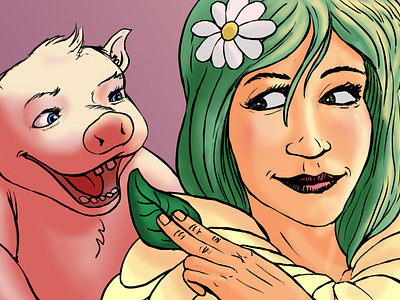 Vegan Goddess And Her Friend goddess illustration line linedetail pig piglet vegan