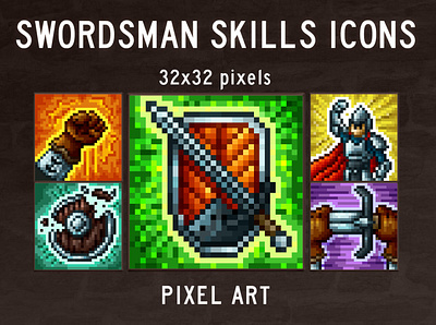 48 Free Swordsman Skills Icons Pixel Art 2d fantasy gamedev icons indie game pixel art pixelart rpg skills swordsman