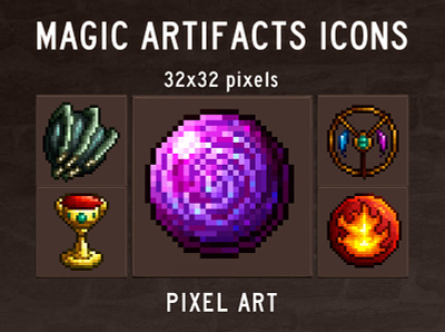 48 Magic Artifacts Pixel Art Icons 2d artifacts fantasy game assets icons iconset indie game magic pixel art pixelart rpg