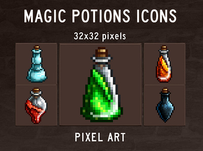 48 Free Magic Potions Pixel Art Icons 2d game assets gamedev icons icons pack icons set iconset indie game magic pixel art pixelart potions