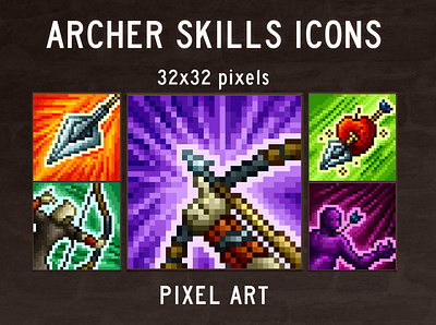 48 Archer Skills Pixel Art Game Icons 2d archer character fantasy game assets gamedev icons icons pack icons set indie game pixel art pixelart rpg skills