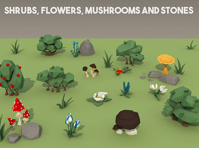 Free Shrubs Flowers and Mushrooms 3D Low Poly Pack 3d 3d art flowers game assets gamedev low poly low poly lowpoly lowpolyart shrubs