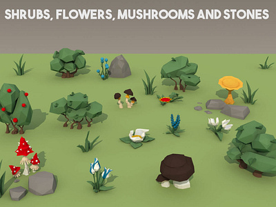 Free Shrubs Flowers and Mushrooms 3D Low Poly Pack